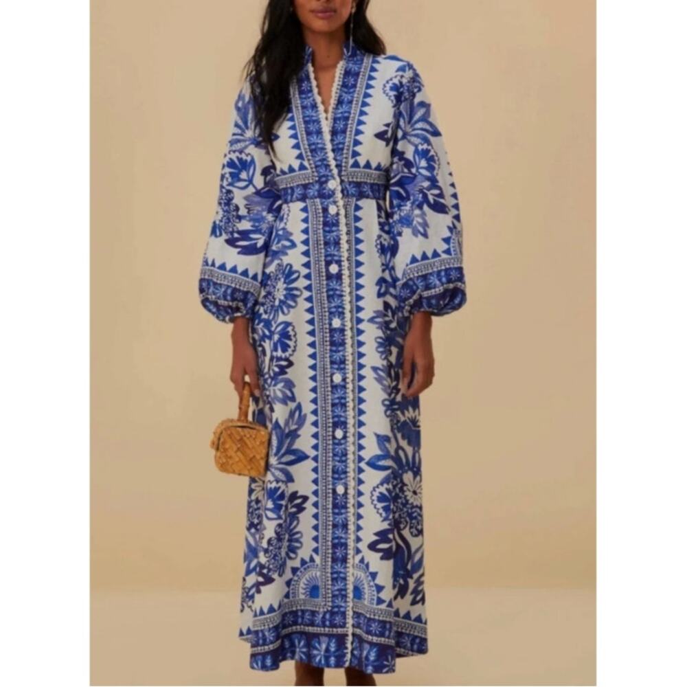 FARM Rio Blue Floral Linen Blend Button Front Maxi Dress Large - Picture 5 of 7